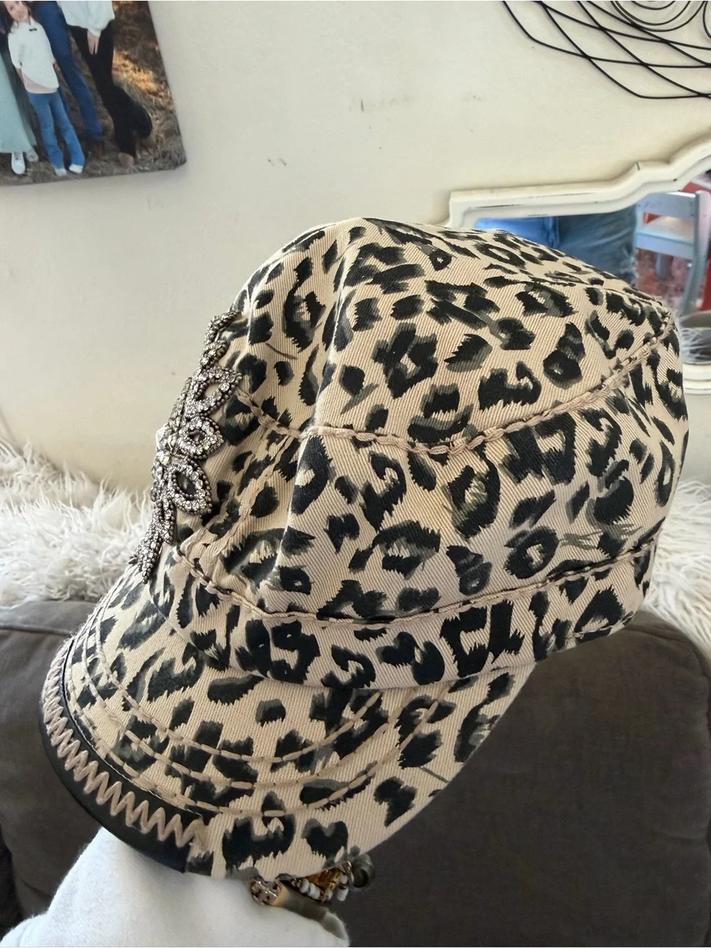 Bling bling  Beige and Black Leopard Cadet Hat with Rhinestone Brooch